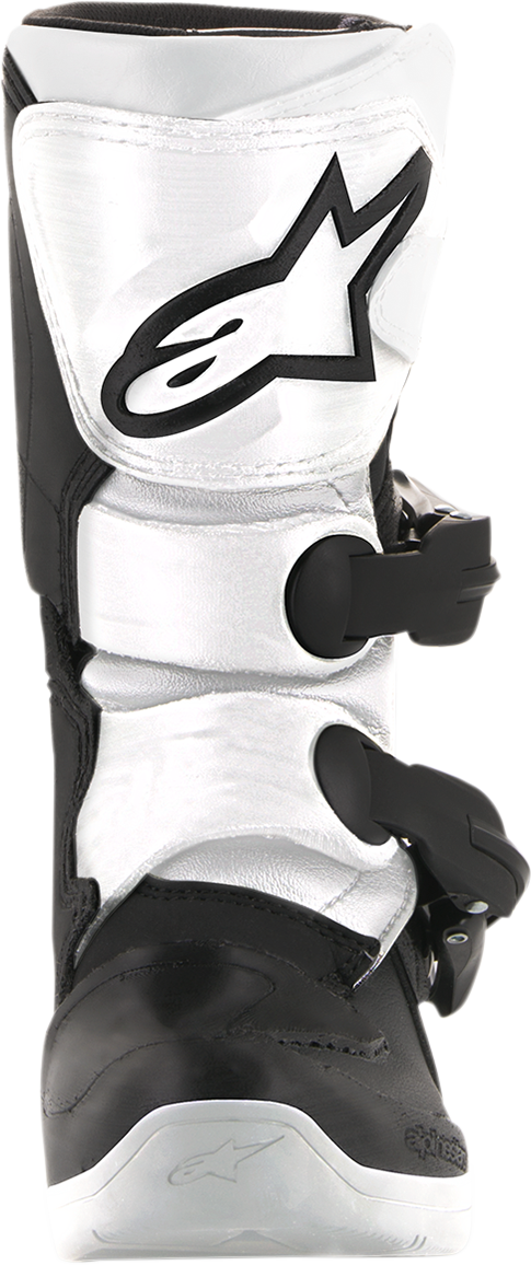 Alpinestars Youth Tech 3S motorcycle boots in black and white, US size 10, showing the sturdy design and branding details.
