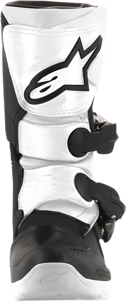 Black and white Alpinestars Youth Tech 3S motorcycle boots with sturdy construction and logo details, US size 1.