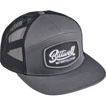 Gray and black Biltwell Ridgecrest hat by Bill's Exhausts featuring a classic snapback design and adjustable strap.