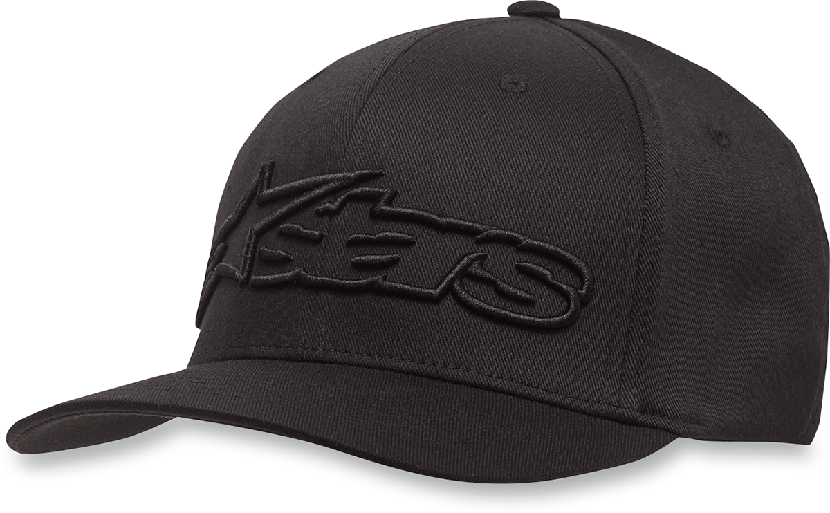 Black and black ALPINESTARS Blaze Flexfit hat in small/medium size, with a sleek, fitted design and the ALPINESTARS logo.