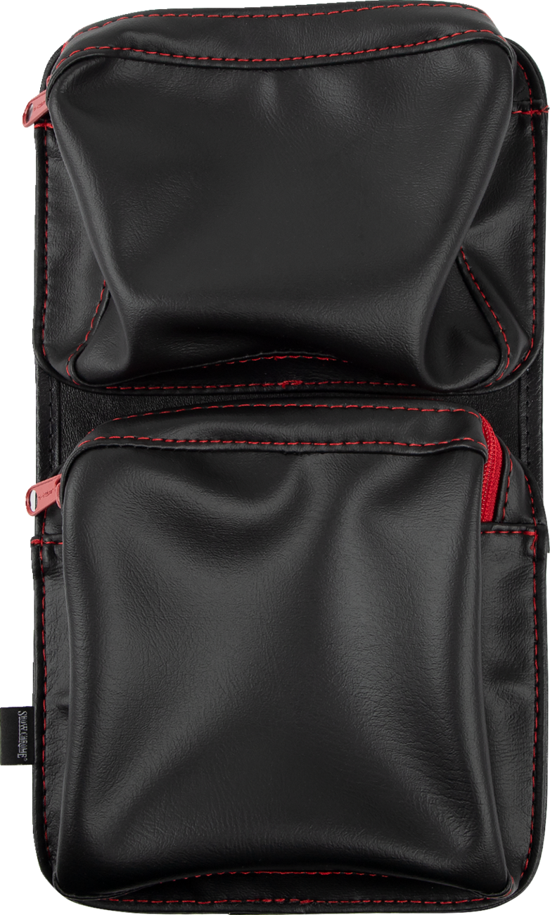 Bill's Exhausts Show Chrome Kaliber Dash Pouch engine accessory in black with red zipper, designed for motorcycle dashboards.