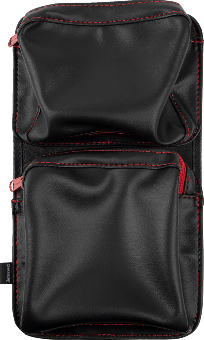 Bill's Exhausts Show Chrome Kaliber Dash Pouch engine accessory in black with red zipper, designed for motorcycle dashboards.