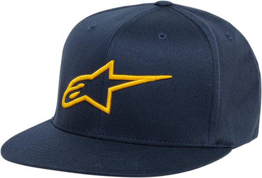 Alpinestars Ageless Flat Bill Hat in navy and gold with large/XL size, featuring a structured brim and embroidered logo.