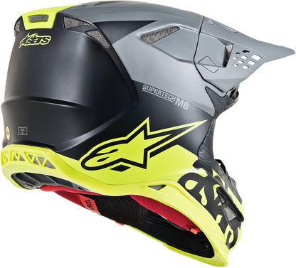 Alpinestars Supertech M8 helmet in matte black, mid gray, and yellow fluo with MIPS protection, large size, shown from front view.