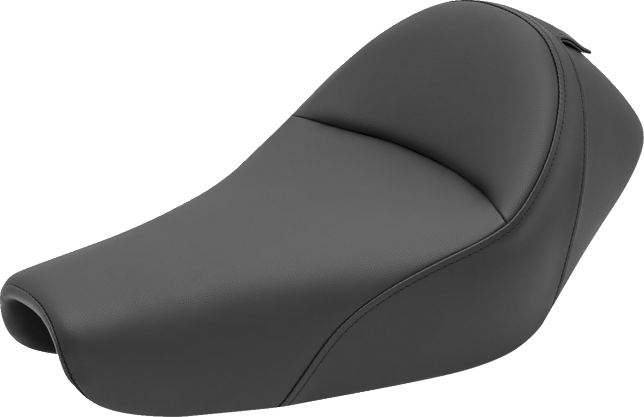 Black Saddlemens Heels Down Solo Seat with backrest for motorcycles, featuring plain design and durable construction.