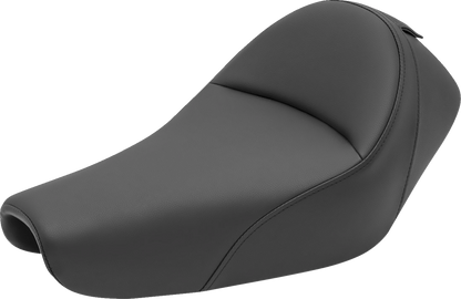 Black Saddlemens Heels Down Solo Seat with backrest for motorcycles, featuring plain design and durable construction.
