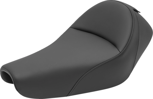 Black Saddlemens Heels Down Solo Seat with backrest for motorcycles, featuring plain design and durable construction.