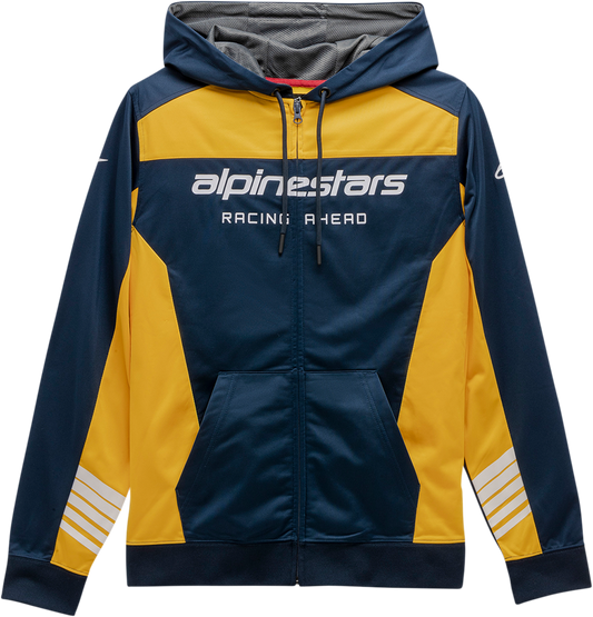 Alpinestars Sessions II fleece hoodie in navy and gold, large size, featuring a cozy fleece material and stylish design.