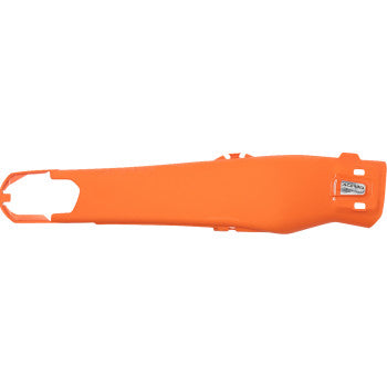 Acerbis orange swingarm guard for KTM EXC-F 350/500 motorcycle, 2025 model, installed on a dirt bike.