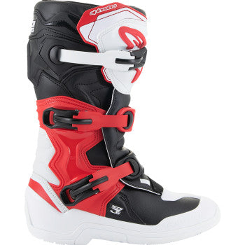 Alpinestars Youth Tech3S motocross boots in white, black, and red with ankle and sole details, US size 6.