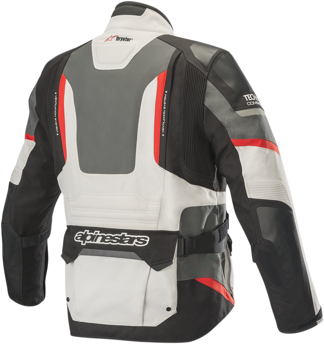 Alpinestars Andes Pro Drystar® motorcycle jacket in gray, black, and red with protective features, size small.