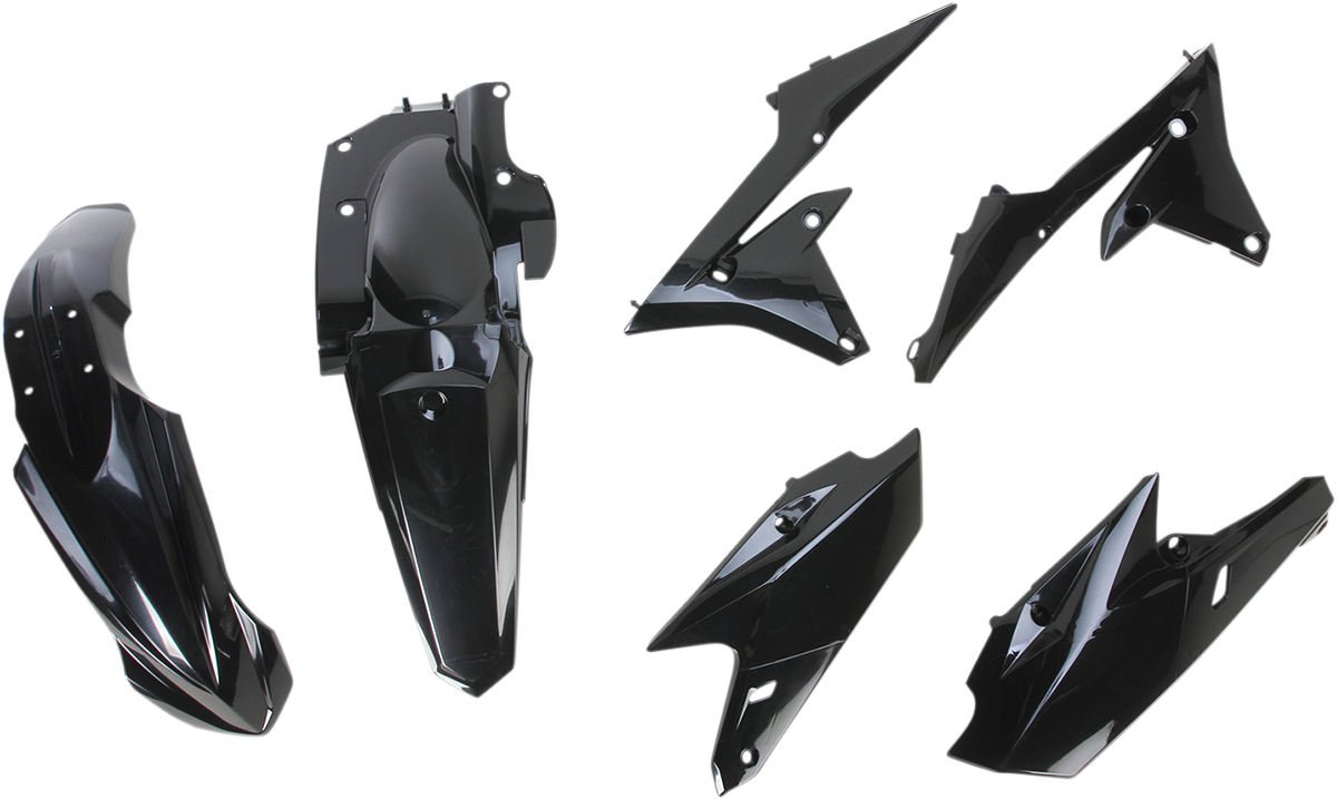A black Acerbis standard replacement body kit for motorcycles, displayed on a plain background, showing various body panels.