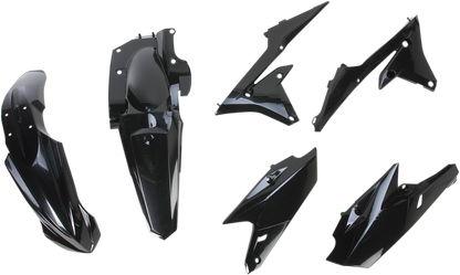 A black Acerbis standard replacement body kit for motorcycles, displayed on a plain background, showing various body panels.
