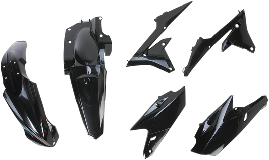 A black Acerbis standard replacement body kit for motorcycles, displayed on a plain background, showing various body panels.