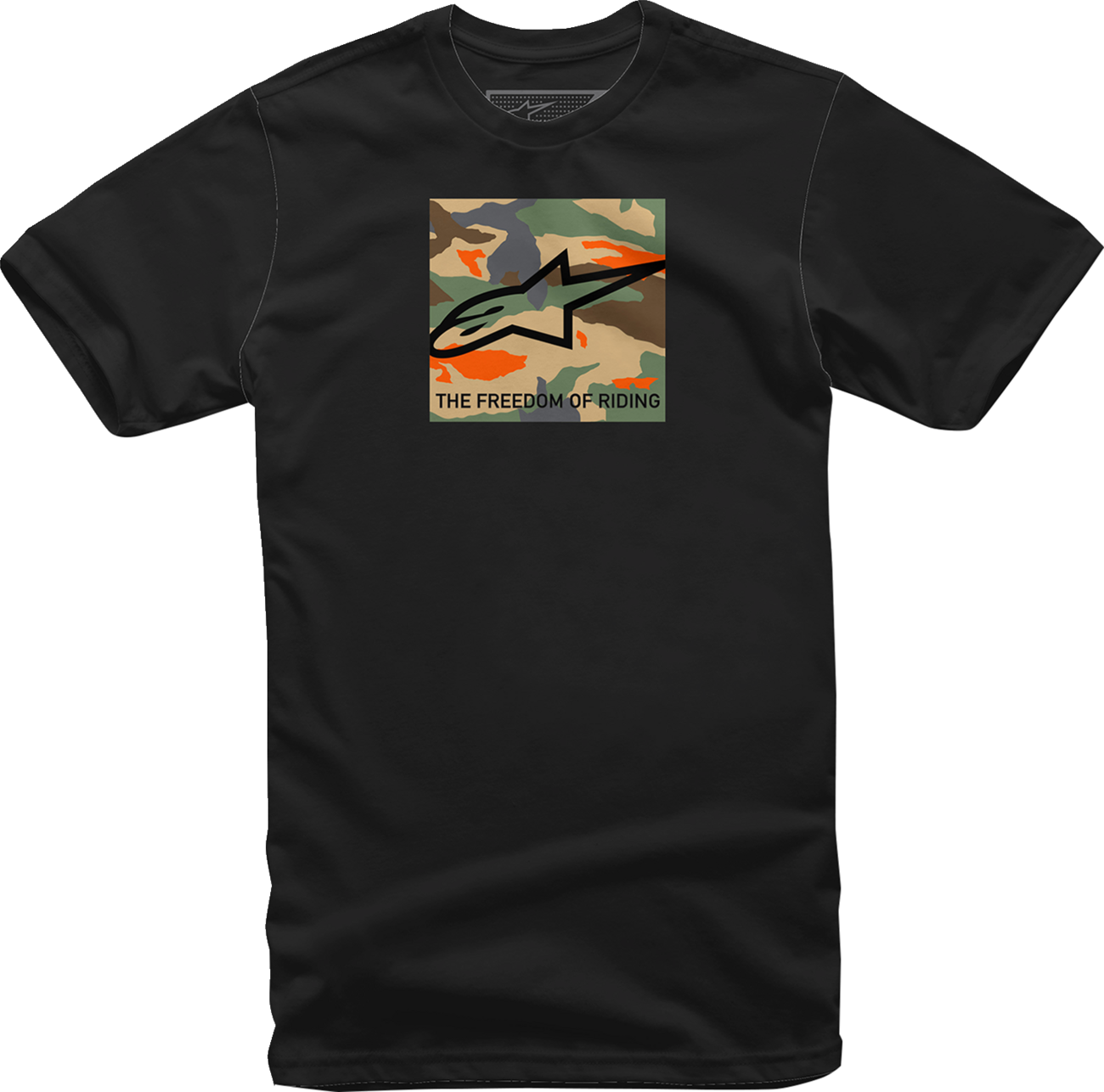 Alpinestars Free Camo T-Shirt in black, medium size, featuring camouflage design and branding, made of comfortable cotton fabric.