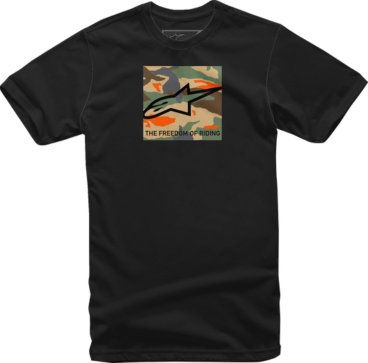 Alpinestars Free Camo T-Shirt in black, medium size, featuring camouflage design and branding, made of comfortable cotton fabric.
