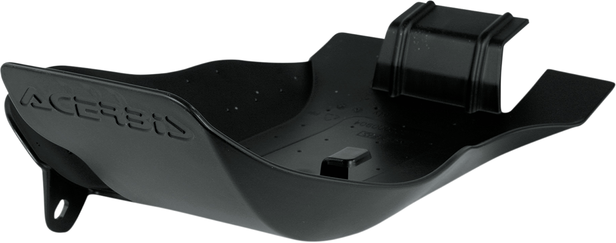 A black Acerbis skid plate for Husqvarna and KTM motorcycles, mounted on the bike's body for protection.