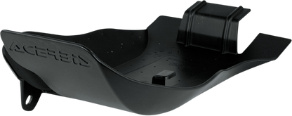 A black Acerbis skid plate for Husqvarna and KTM motorcycles, mounted on the bike's body for protection.