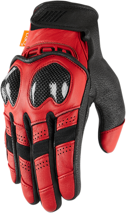 Red ICON Contra2™ gloves in 3XL size, showcasing durable motorcycle gloves with textured palms and adjustable wrist straps.