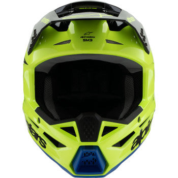 Alpinestars Youth SM3 helmet in Gloss Yellow Fluo, black and blue with aerodynamic vents and secure chin strap, size small.