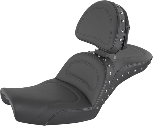 Bill's Exhausts SADDLEMEN Explorer Special Seat with backrest, featuring a comfortable, contoured motorcycle seat design.