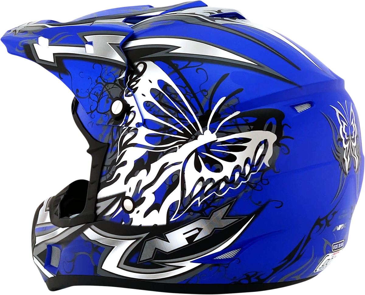 Matte blue butterfly helmet from AFX FX-17Y series, medium size, with aerodynamic design and ventilation vents.