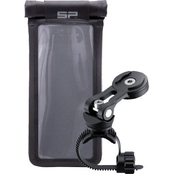 Bill's Exhausts SP CONNECT phone mount attached to a vehicle, securely holding a smartphone for easy access and navigation.