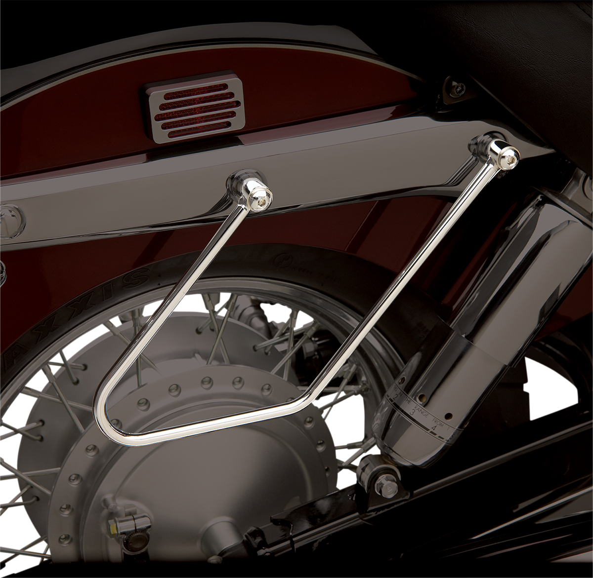 Bill's Exhausts SHOW CHROME Saddlebag Stays for VT750 motorcycle engine, durable chrome finish, designed for secure saddlebag support