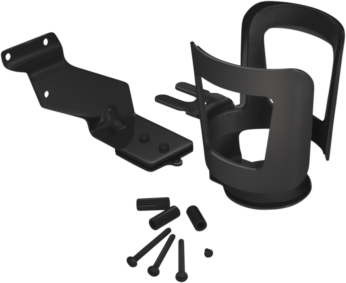Black Show Chrome beverage holder for Can-Am engines, designed by Bill's Exhausts, shown attached to a vehicle engine.