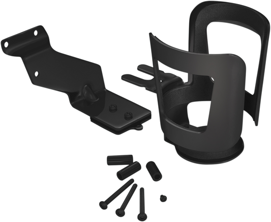 Black Show Chrome beverage holder for Can-Am engines, designed by Bill's Exhausts, shown attached to a vehicle engine.