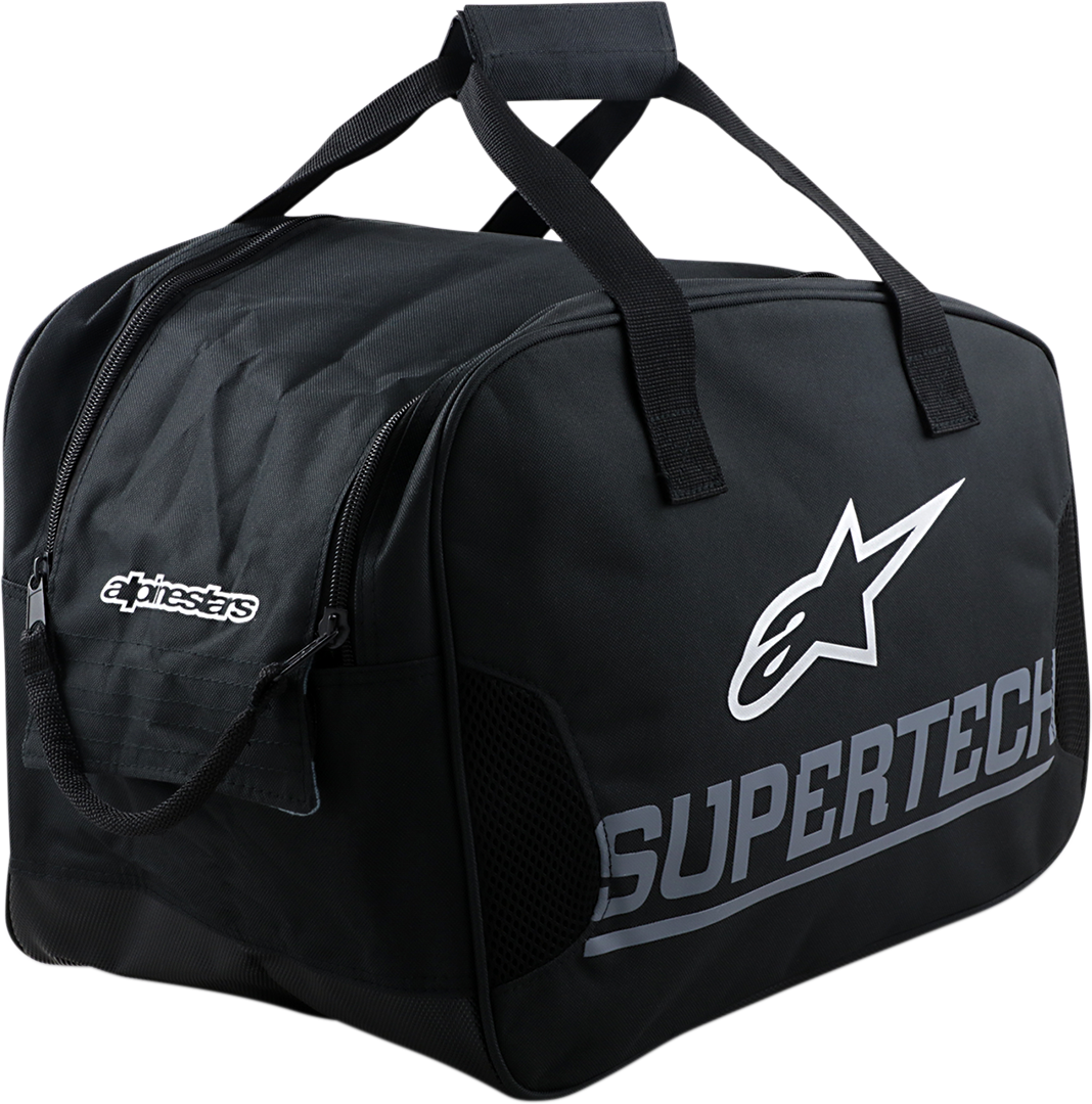 Alpinestars Supertech helmet bag in black, compact size S-M10, designed for motorcycle helmets and gear storage.