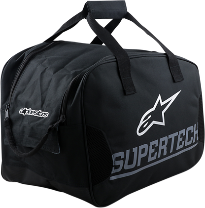 Alpinestars Supertech helmet bag in black, compact size S-M10, designed for motorcycle helmets and gear storage.