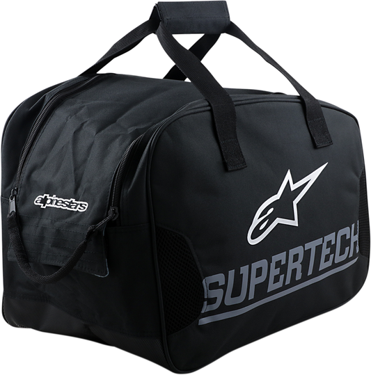 Alpinestars Supertech helmet bag in black, compact size S-M10, designed for motorcycle helmets and gear storage.