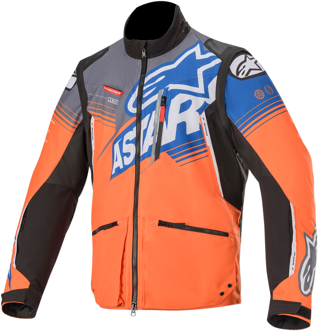 Bill's Exhausts Alpinstars Venture jacket in orange, gray, and blue, small size, shown with front view and zip closure.