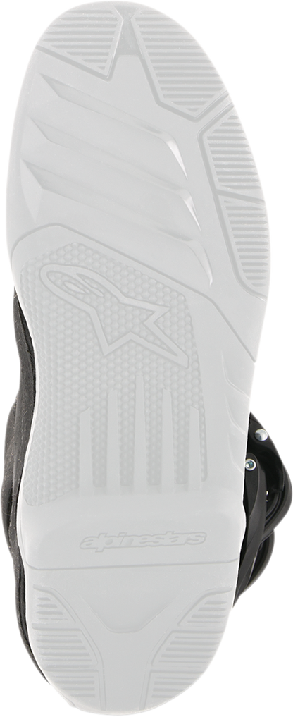 Alpinestars Youth Tech 3S motorcycle boots in black and white, US size 11, with protective design and sturdy sole.