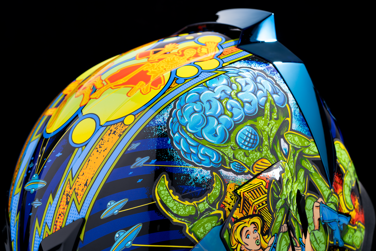 Blue ICON Airflite™ helmet in Bugoid Blitz design with XS size, featuring aerodynamic vents and a clear visor for motorcycle riding.