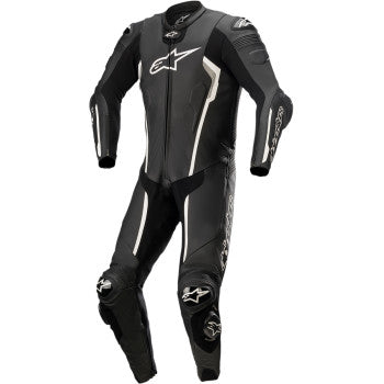 Alpinestars Missile v2 1-piece leather motorcycle suit in black and white, size US 38/EU 48, with protective padding and sleek design.