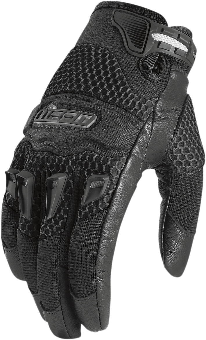 Black ICON Women's Twenty-Niner CE Gloves in large size, designed for motorcycle riding, with protective padding and breathable fabric.