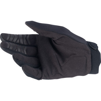 Alpinestars Honda Full Bore motorcycle gloves in black and bright red, large size, showing padded knuckles and adjustable wrist straps.