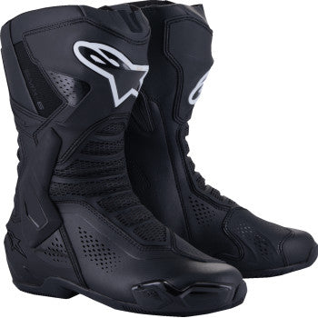 Alpinestars SMX-6 V3 black vented motorcycle boots with protective armor, US 8/EU 42 size, featuring sturdy design and ventilation.