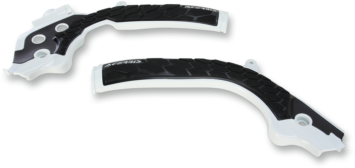 Acerbis X-Grip frame guards in white and black for motorcycle body protection, shown installed on a bike frame.
