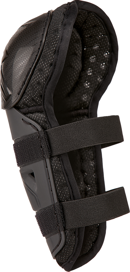 Alpinestars Youth Bionic Action Kickstart knee guards in black and red, designed for protection during motocross or off-road riding.