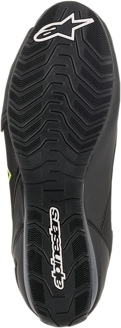 Alpinestars Faster-3 Drystar® motorcycle shoes in black, gray, and yellow with US 14 size, designed for riding comfort and protection.