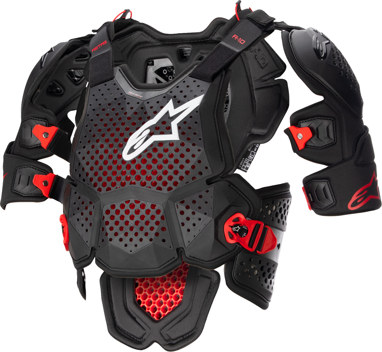 Alpinestars A-10 v2 full roost guard in black and red, XL/2XL protective gear with adjustable straps and impact protection.