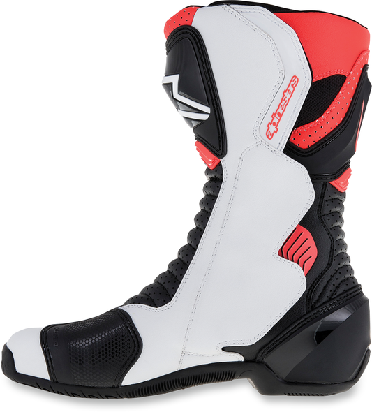 Alpinestars SMX-6 v2 vented motorcycle boots in black, white, and red fluorescent, US 9 / EU 43, with protective design.