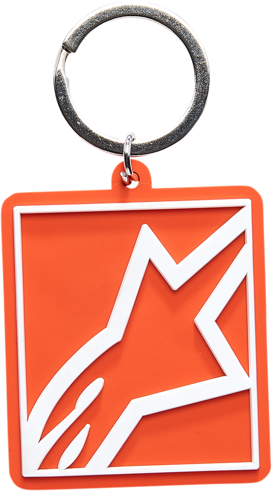 Alpinestars orange key fob with protective gear design and keyring, branded by Bill's Exhausts.