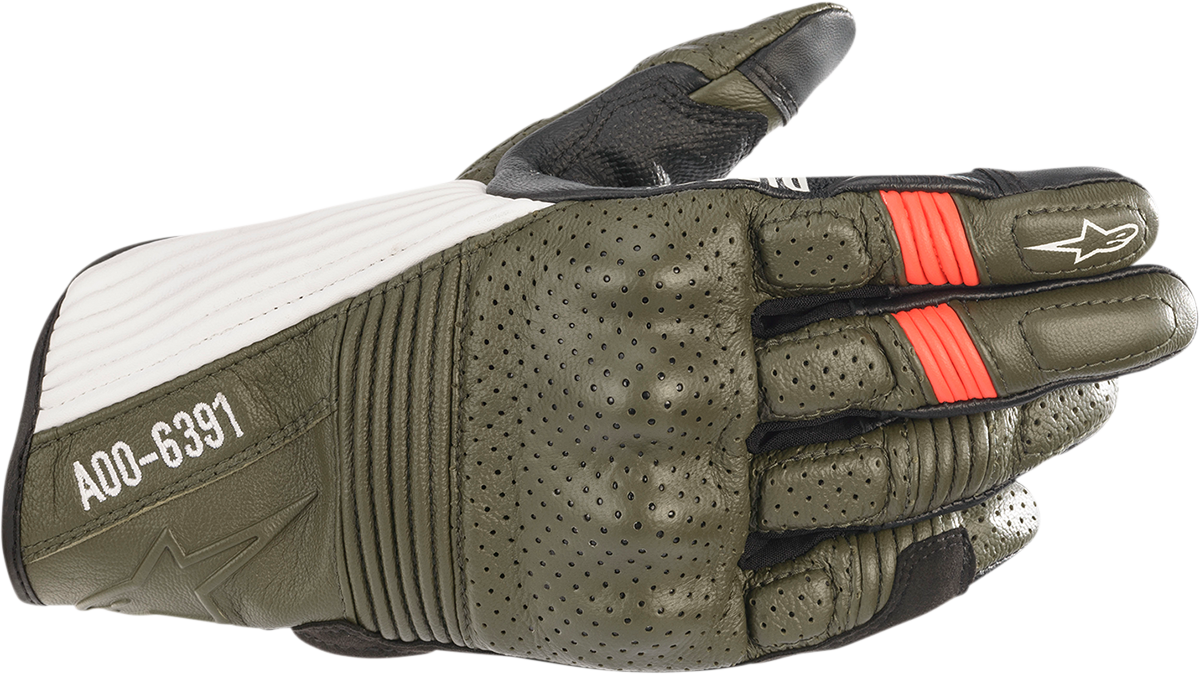Alpinestars Kei motorcycle gloves in forest, black, white, and fluo red with small size, featuring protective knuckles and breathable fabric.
