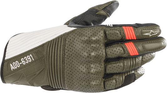 Alpinestars Kei Gloves in forest, black, white, and fluo red with 2XL size, featuring protective knuckles and breathable fabric.