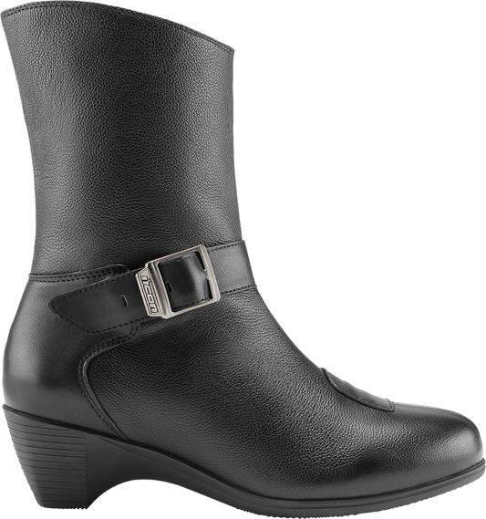 ICON Women's Tuscadero™ black leather boots by Bill's Exhausts, US size 6, featuring ankle-high design and stylish details.