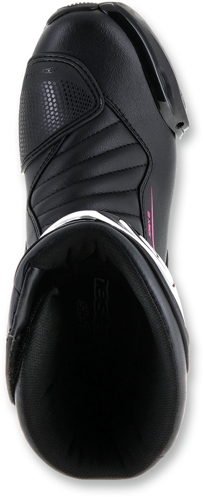 Alpinestars SMX-6 v2 vented motorcycle boots in black, pink, and white with US size 7, side view showing protective design.